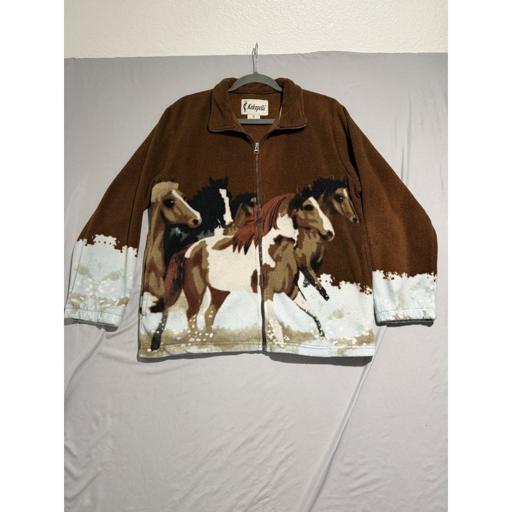 vtg Kokopelli brand brown fleece full zip up jacket, horse print, men's small